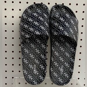 Guess Black Slide Sandals Flat Monogram Logo Slip-on Round-toe Logs Heel 11M US